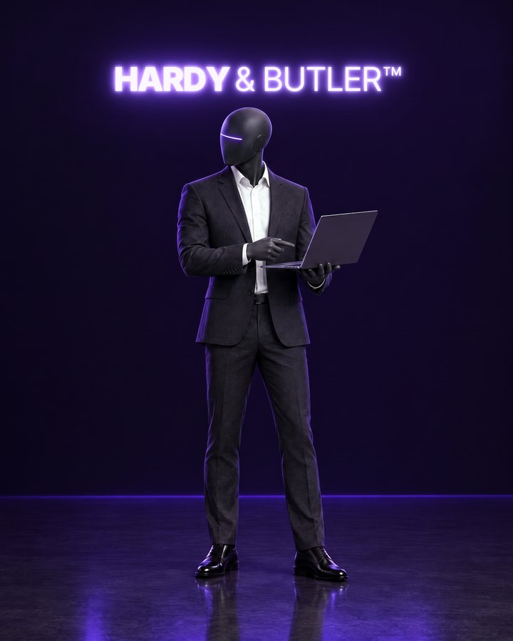 Butler, pictured as an AI agent: a faceless graphite figure in a charcoal suit and white shirt, holding a laptop and pointing at it, under the lit Hardy & Butler sign.