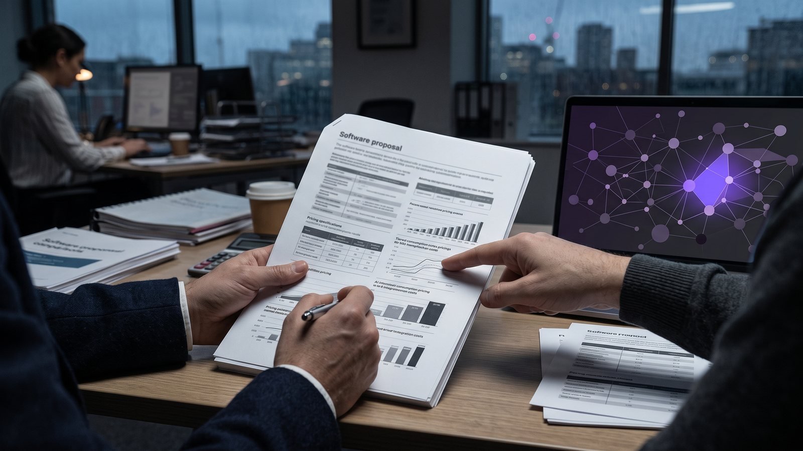 Abstract illustration of a shrinking block of code beside a growing stack of invoices