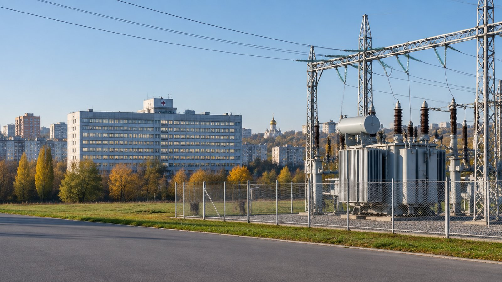 An electricity substation behind a wire fence in autumn sun, a large hospital and golden church dome beyond.
