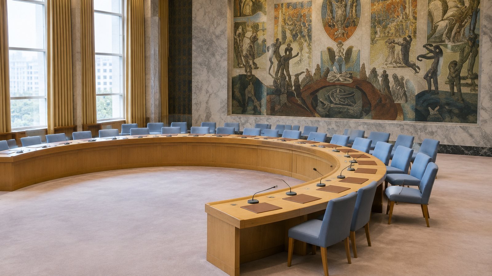 An empty horseshoe council table with light blue chairs and microphones beneath a large painted mural and tall windows.