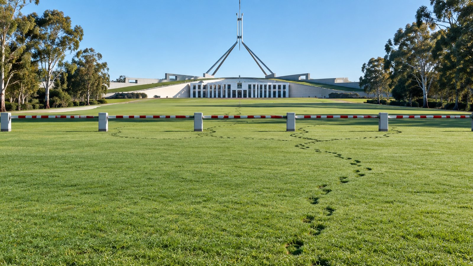 Parliament House, Canberra, in daylight beyond lowered red and white barriers, footprints winding round them across the lawn.