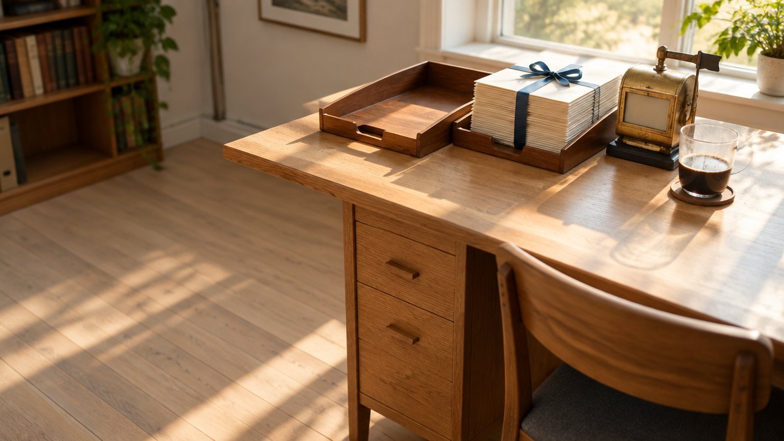 An empty sunlit office desk at sunrise, a bare in-tray, a ribboned stack of finished folders and a brass taxi meter.