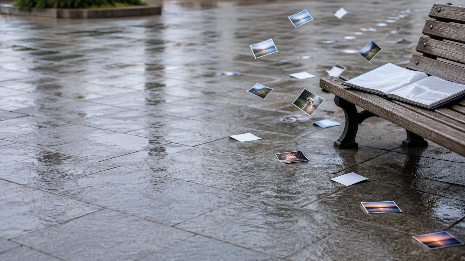 An open, empty photo album on a wet park bench, loose prints of a dog, landscapes and a birthday cake scattered across the paving.
