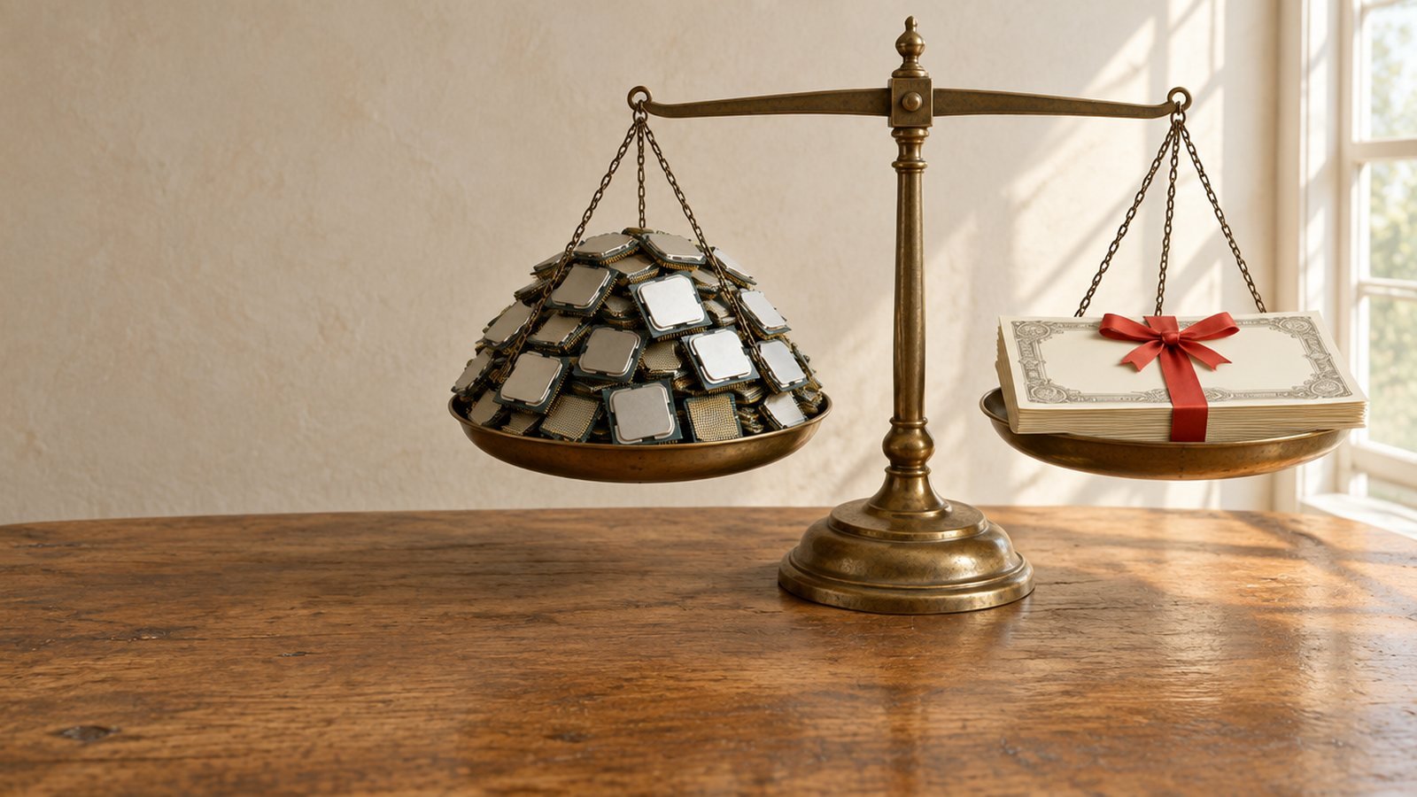 A brass balance scale on a sunlit oak counter, a heap of computer processor chips in one pan and ribboned blank certificates in the other.