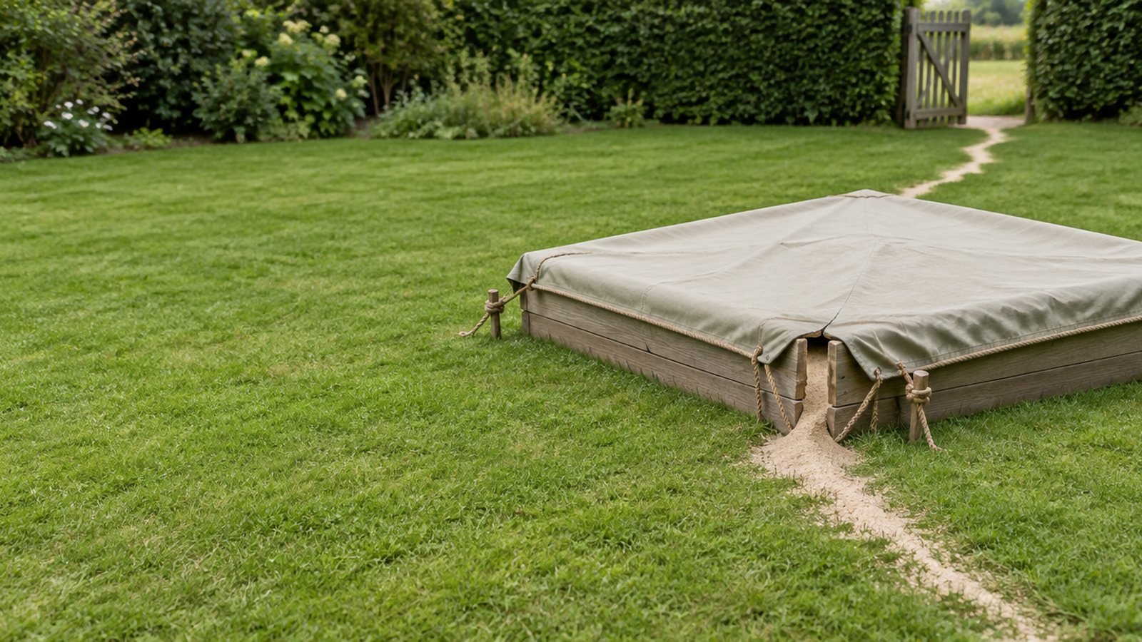 A canvas cover roped down over a wooden garden sandpit, sand spilling from a split corner board across the lawn towards an open gate.