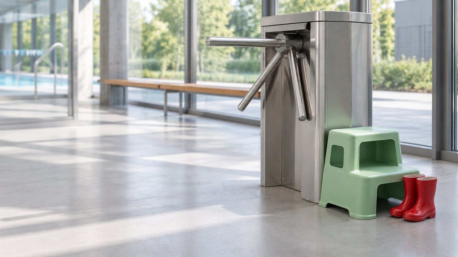 A steel turnstile in a sunlit leisure centre, a green child's step stool pushed against it and small red wellington boots beside it.