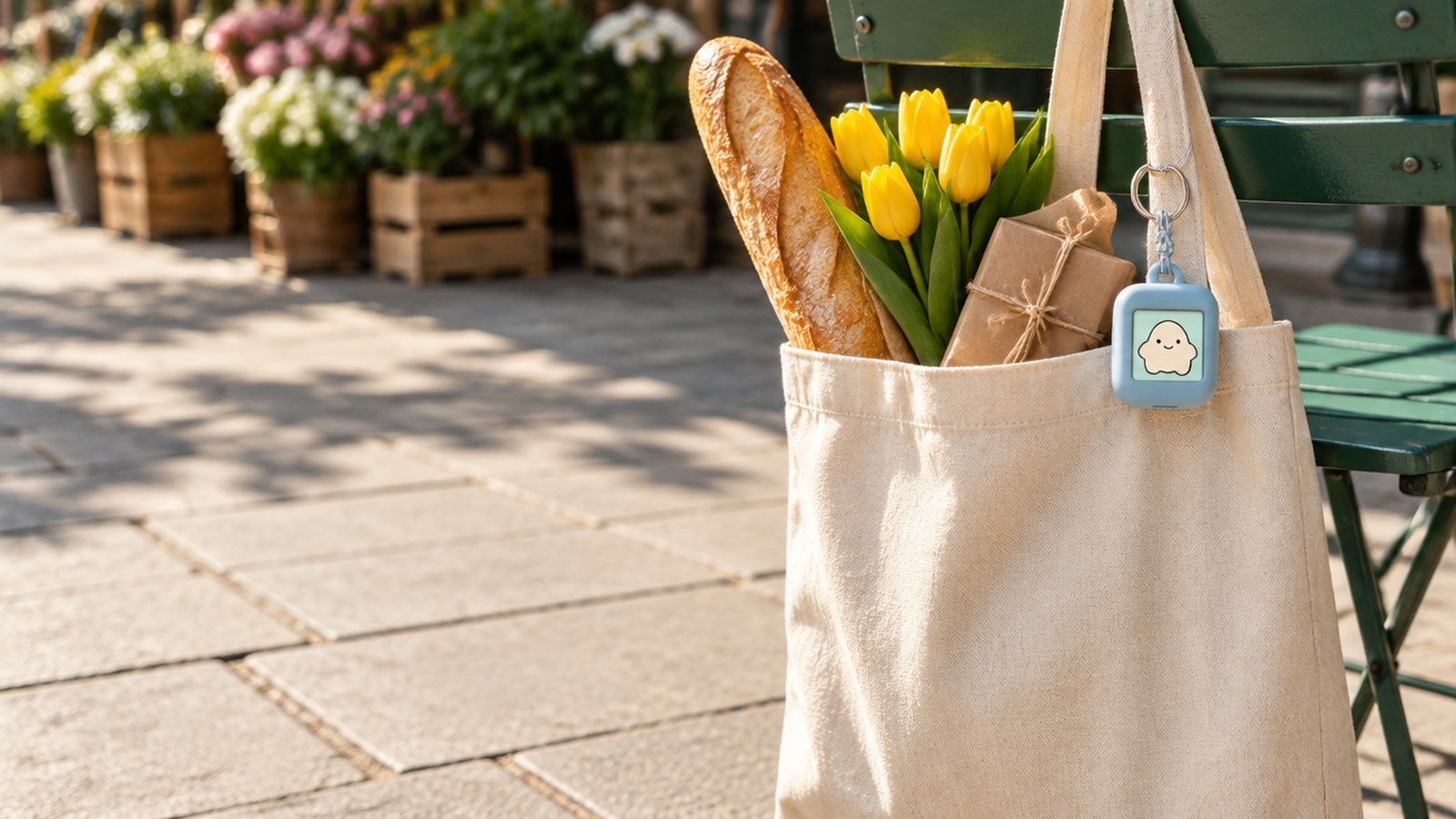 A canvas tote bag of shopping, a baguette, yellow tulips and a paper parcel, on a green café chair, a small blue screen charm clipped to its handle.
