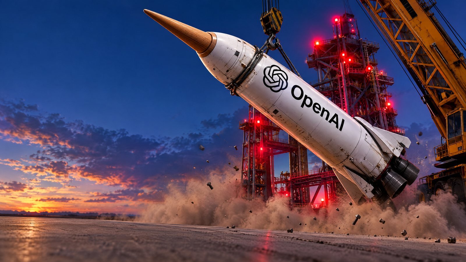 A white OpenAI rocket with a wooden Pinocchio nose, hoisted off a red-lit launch pad by a crane.