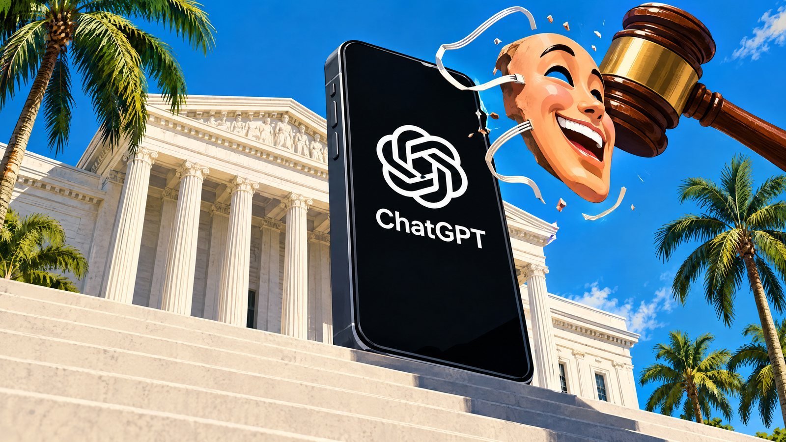 A giant phone showing the ChatGPT logo on courthouse steps among palm trees, a gavel knocking a smiling mask off it.