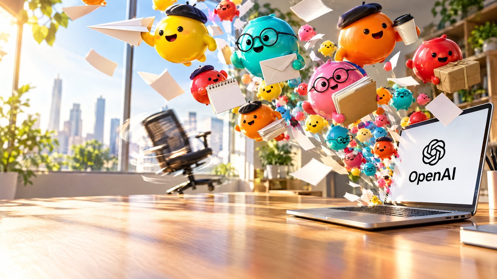 A laptop showing the OpenAI logo on a sunlit office desk, a swarm of bright cartoon blob characters bursting out of it carrying envelopes, parcels and papers past a spinning empty chair.