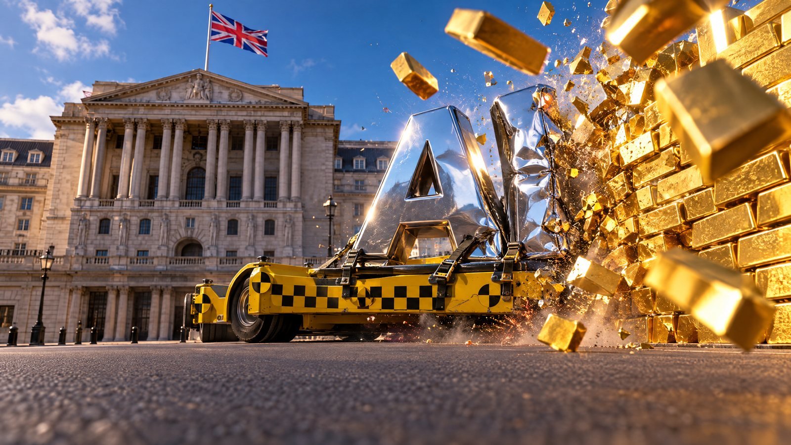 Chrome letters AI on a yellow crash-test sled smash into a wall of gold bars outside the Bank of England