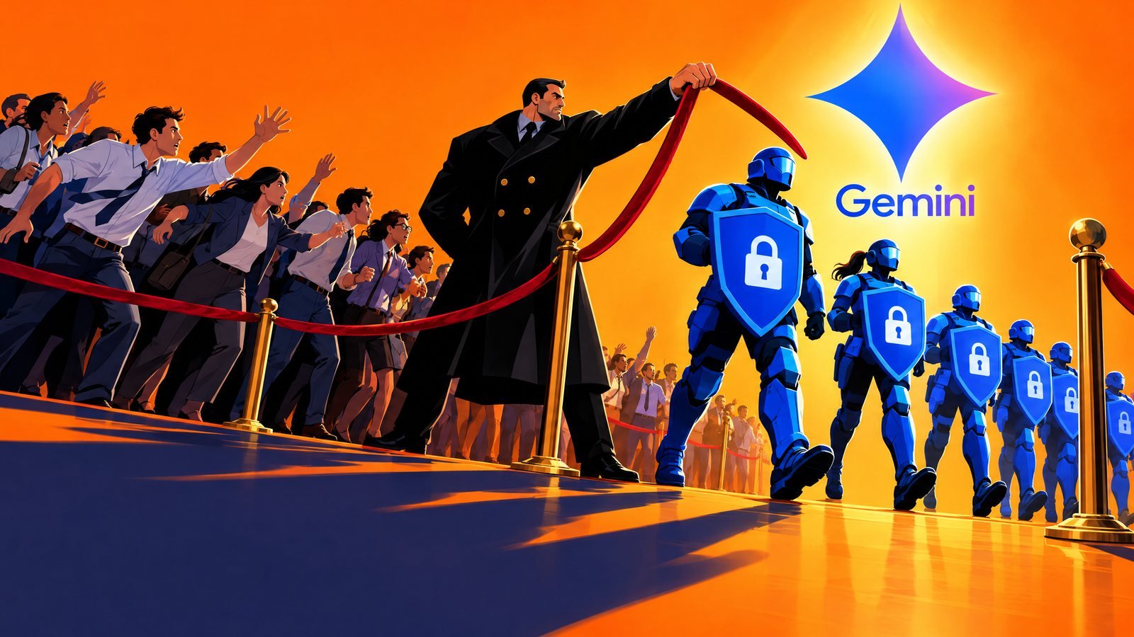 A doorman lets armoured defenders with padlock shields through a velvet rope to the Gemini logo as office workers wait