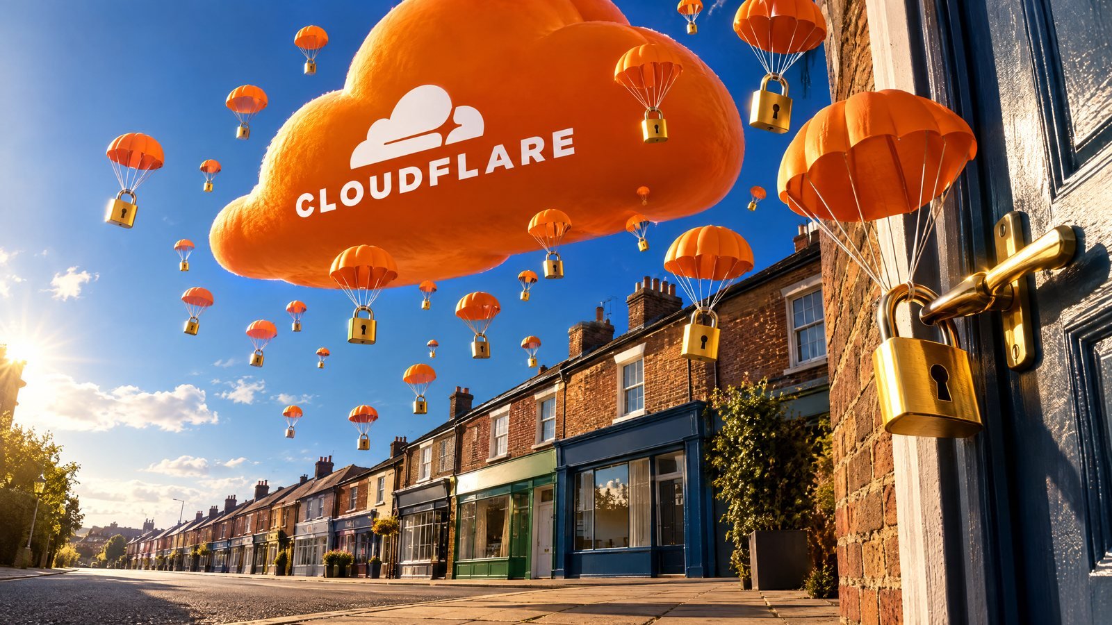 A giant orange cloud bearing the Cloudflare logo drops golden padlocks on orange parachutes over a sunlit street of brick shops