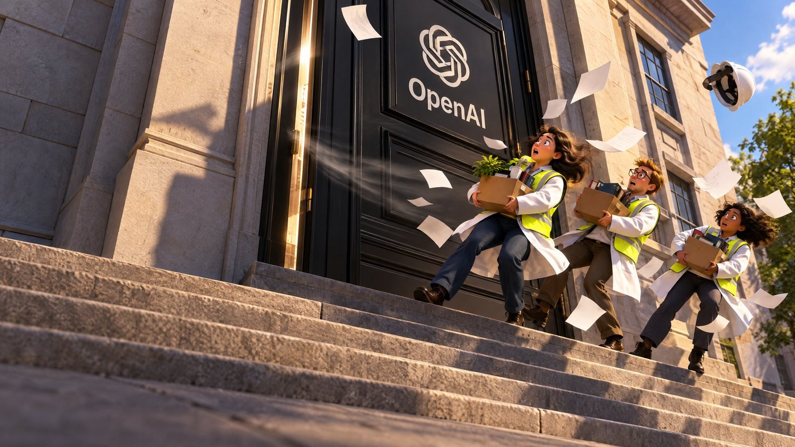 Three researchers carrying boxes stumble down stone steps as a giant door bearing the OpenAI logo slams shut.