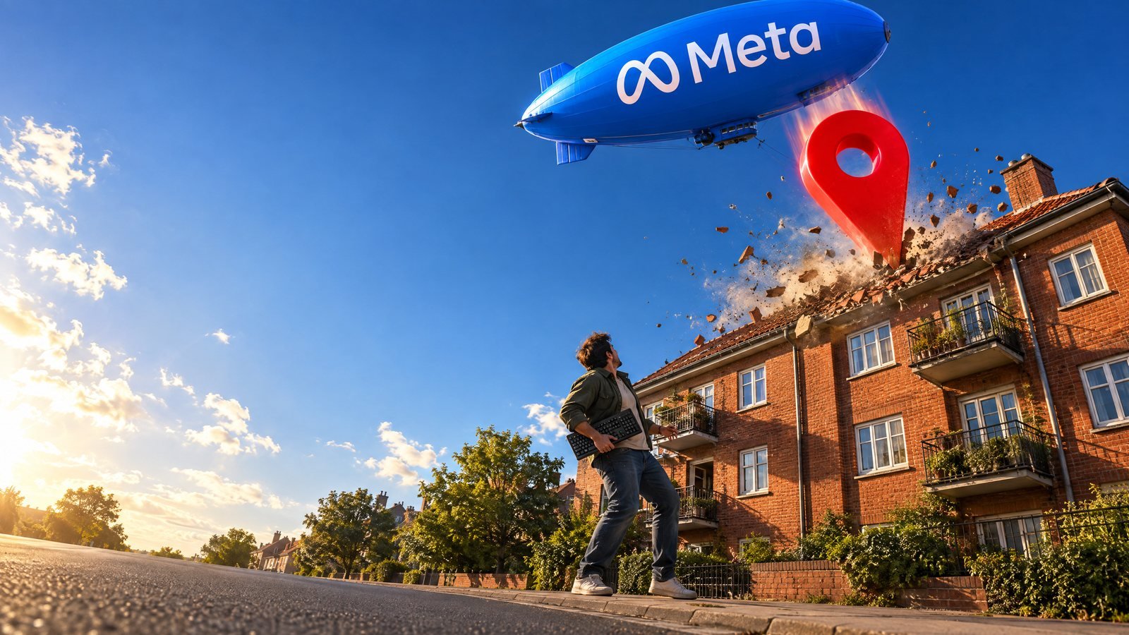 A blue airship bearing the Meta logo drops a giant red map pin onto the roof of a brick block of flats as a man holding a keyboard looks up from the pavement.