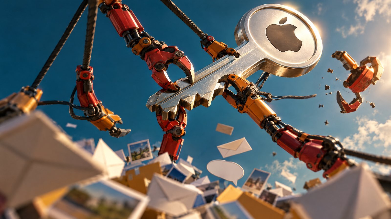 A giant silver key bearing the Apple logo is pulled away from red and orange robotic claws on cables, one snapping loose, above scattered envelopes and photos.