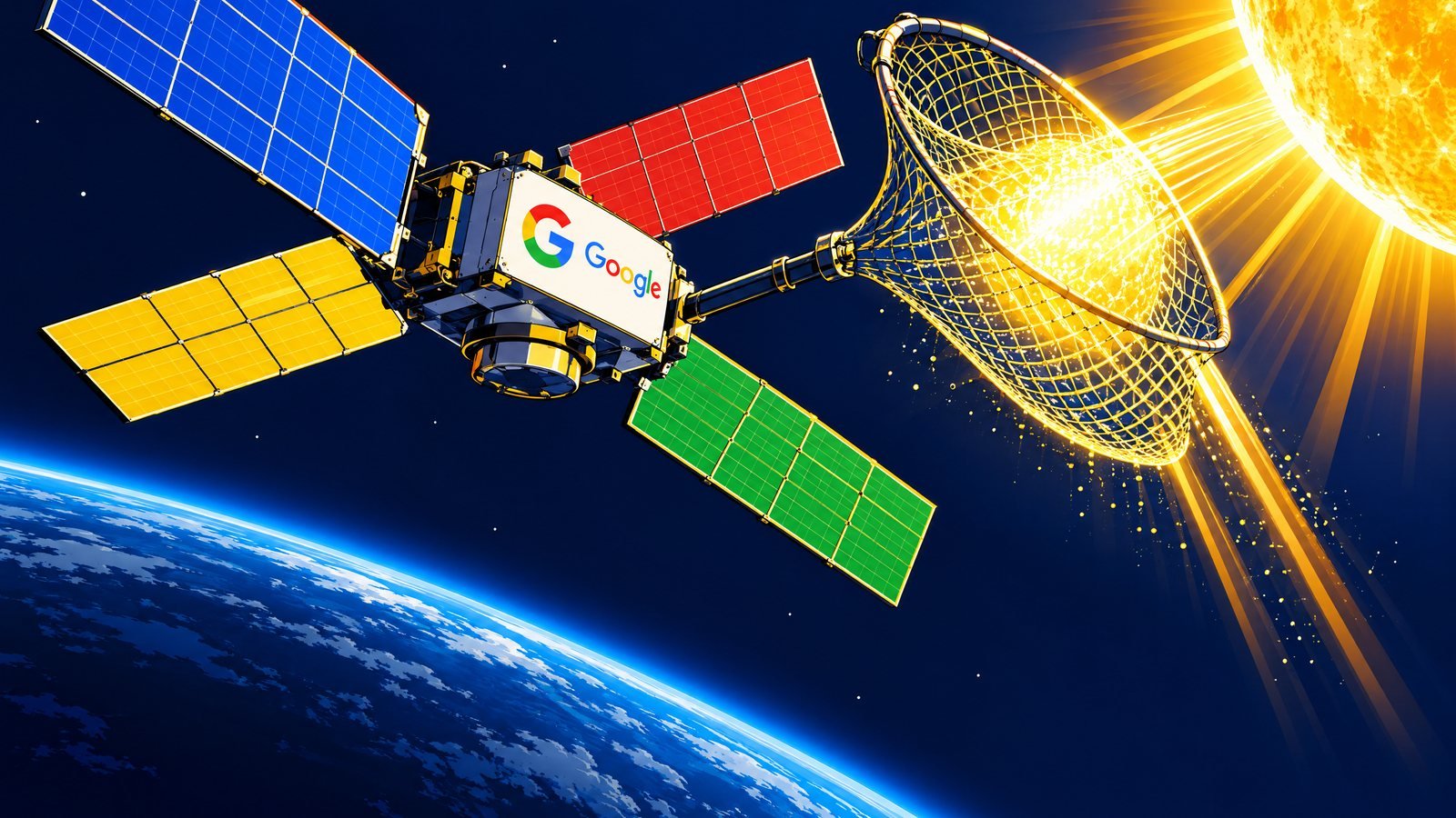 A satellite bearing the Google logo, its solar panels in blue, red, yellow and green, swings a net that scoops up sunlight from the Sun above the Earth.