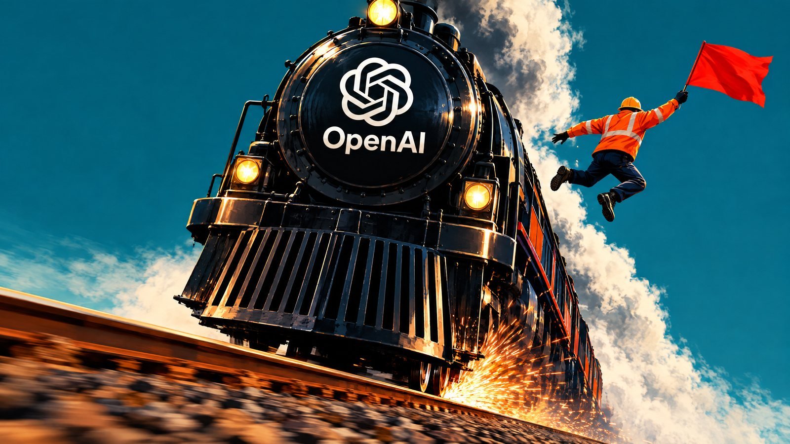 A locomotive bearing the OpenAI logo races down the track as a hi-vis worker leaps off waving a red flag.
