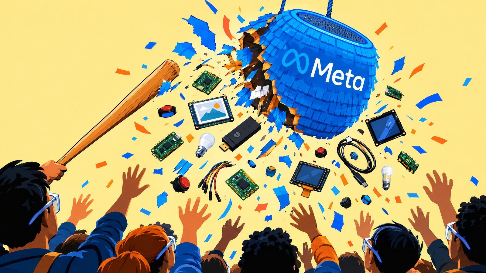 A blue speaker piñata bearing the Meta logo bursts open, showering circuit boards, screens and bulbs over a cheering crowd.