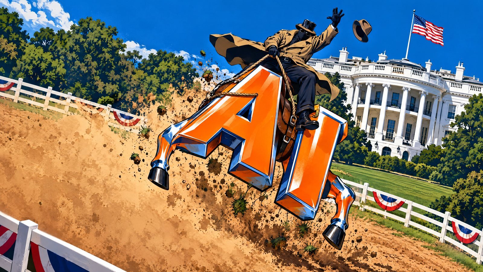 A trench-coated agent rides giant orange letters AI like a bucking bronco on the White House lawn.