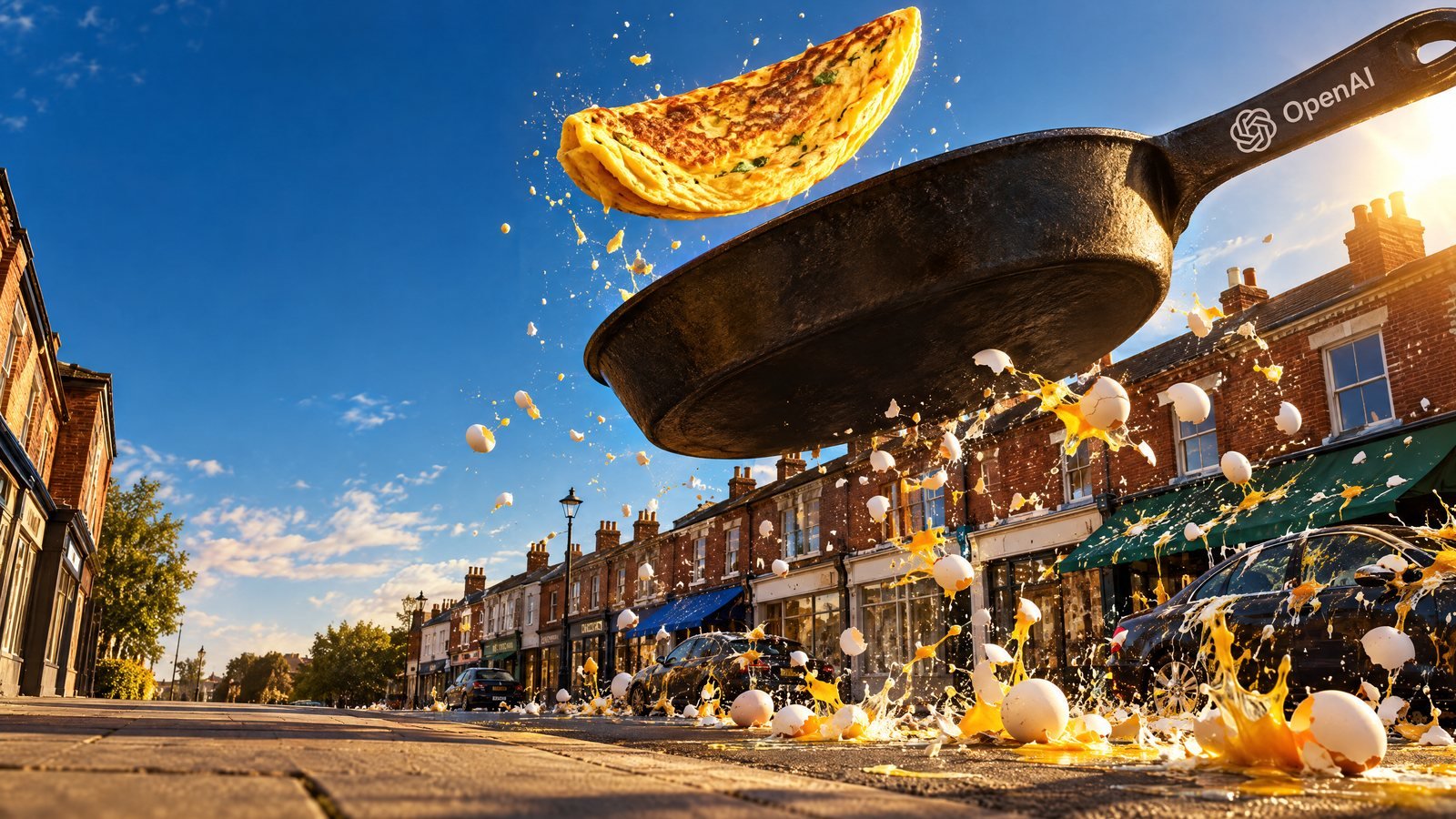 A giant frying pan bearing the OpenAI logo flips an omelette as eggs smash across a British high street.