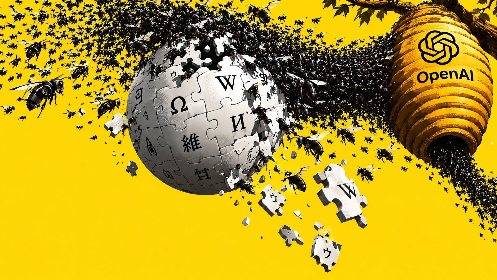 A swarm of black bees from a hive bearing the OpenAI logo breaks apart the Wikipedia puzzle globe.