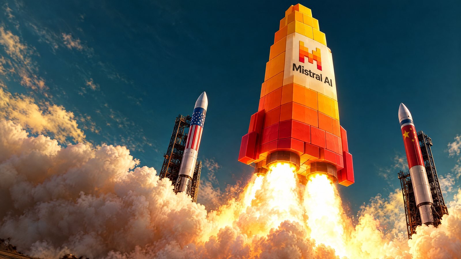 A chunky orange rocket bearing the Mistral AI logo lifts off past two smaller rockets bearing the US and Chinese flags.