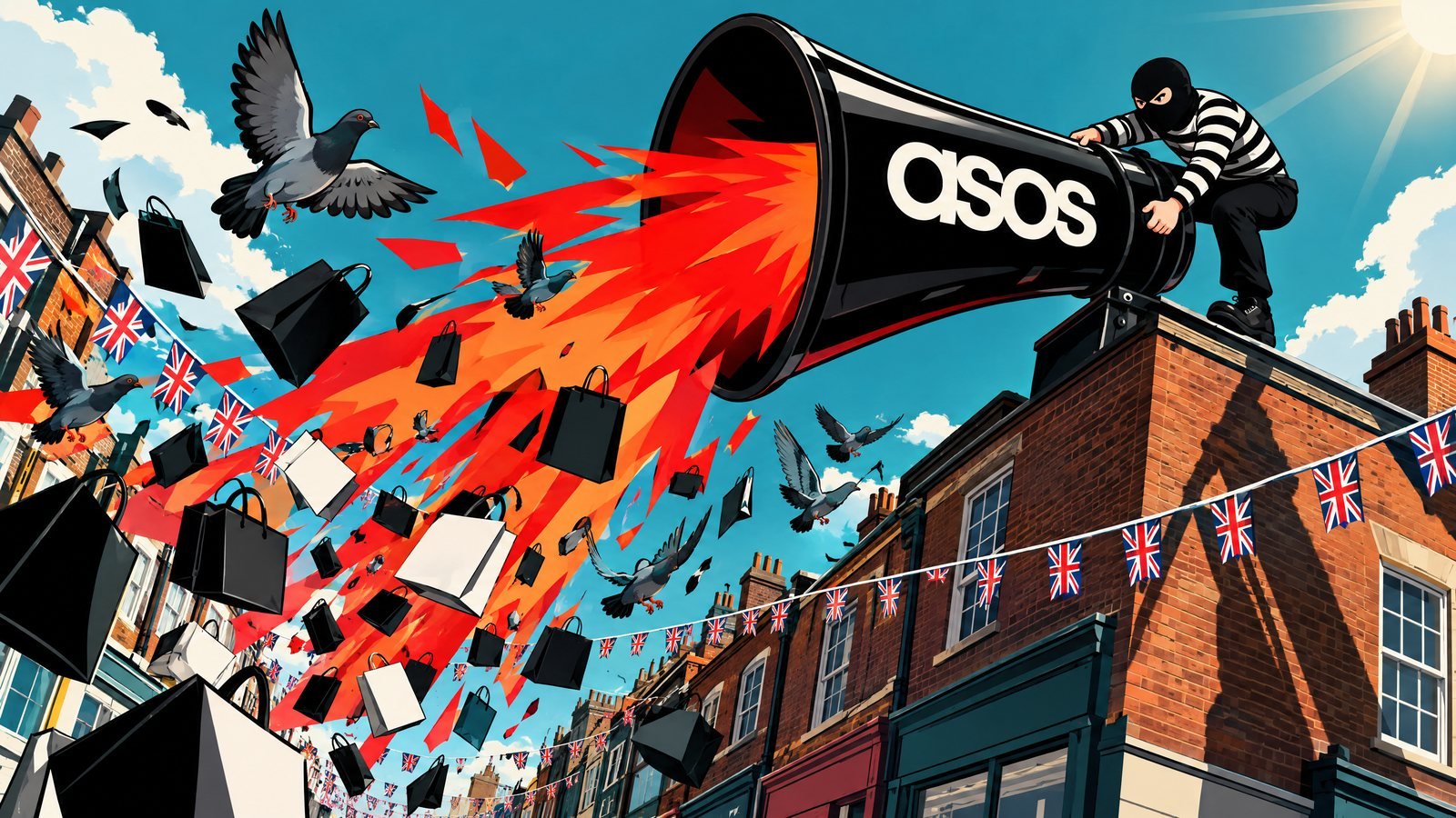 A masked burglar on a rooftop wrenches round a giant black megaphone bearing the asos logo, blasting red alarm and shopping bags over a British high street.