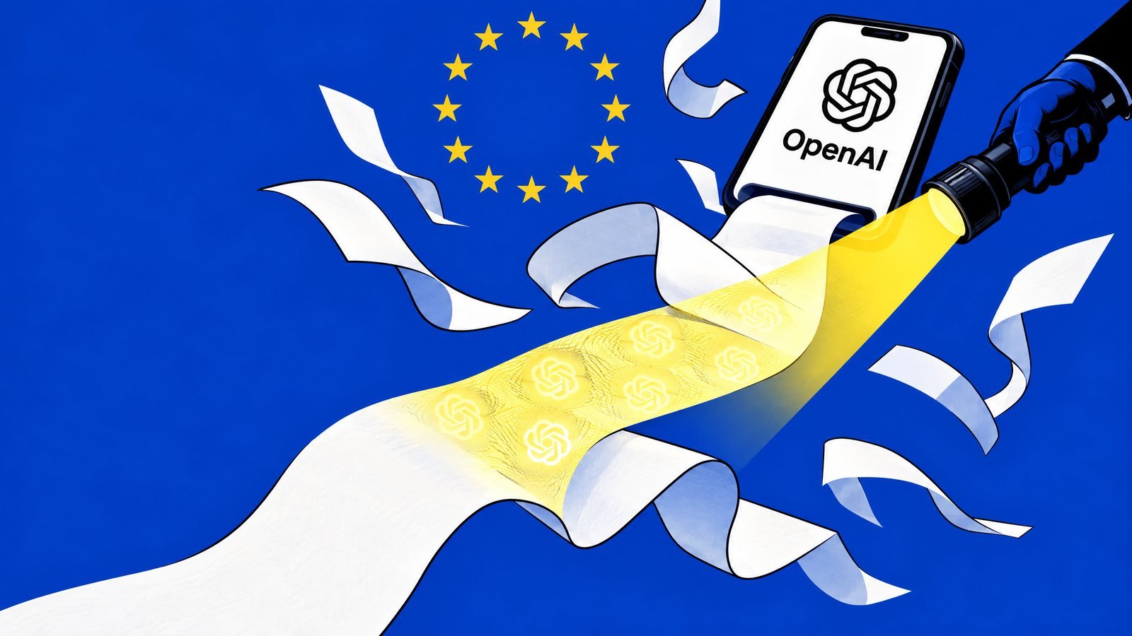 A torch reveals hidden OpenAI watermarks on paper pouring from a phone showing the OpenAI logo, under EU stars.