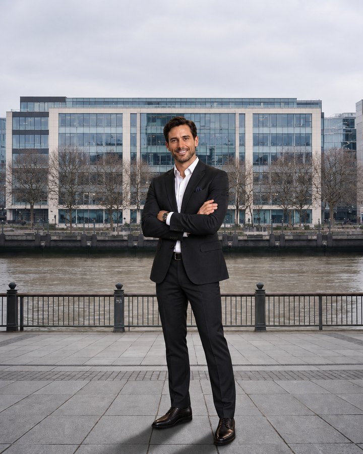 Butler, drawn as a figure in a dark suit and white shirt on a London riverside walkway, a modern office frontage across the water behind him.