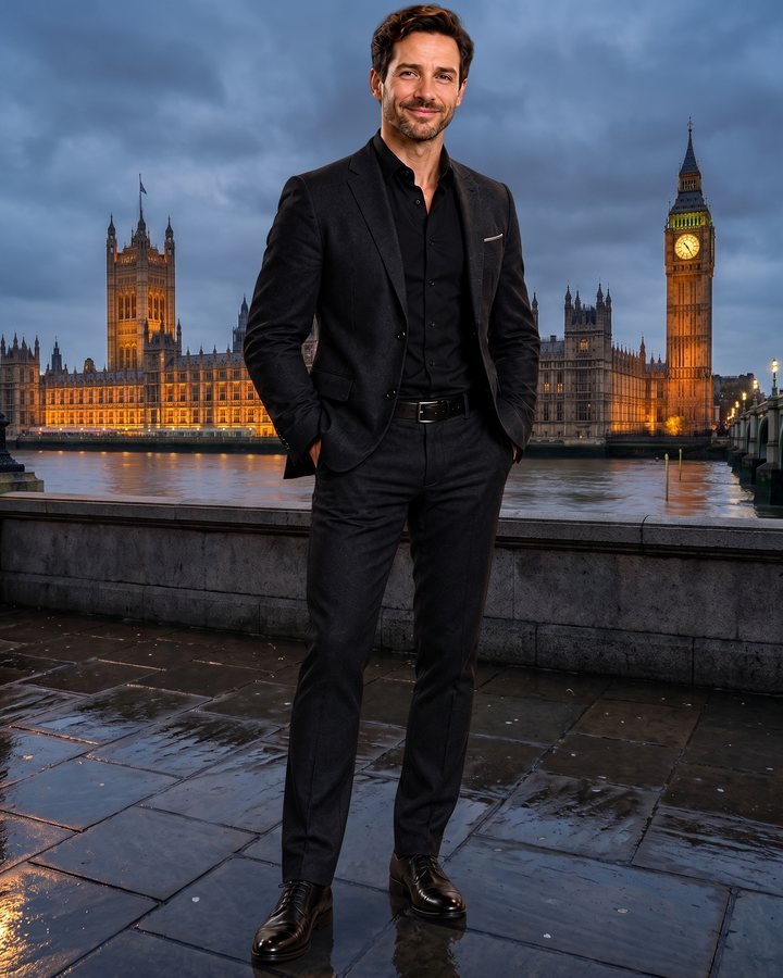 Hardy, drawn as a figure in a dark suit on the Thames embankment at dusk, the Houses of Parliament lit behind him.