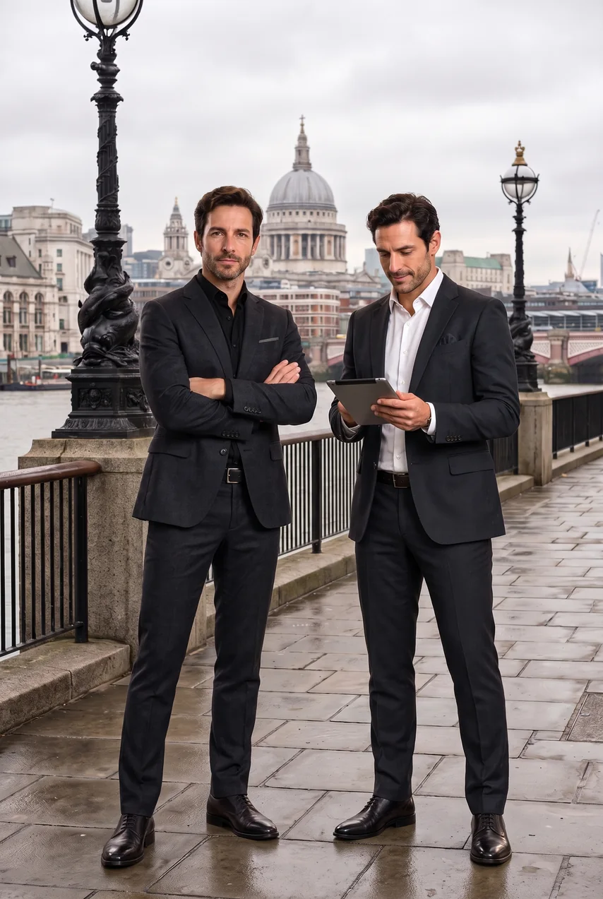 Hardy on the left in a black shirt, arms folded. Butler on the right in a white shirt, reading a tablet. They stand on a Thames walkway with St Paul’s behind them.