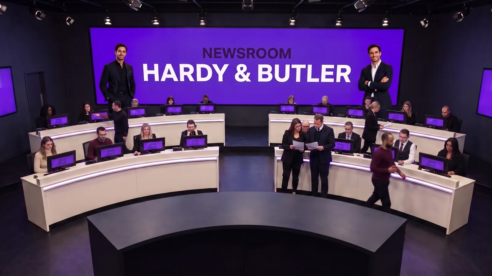 An illustration of a news room: two curved rows of desks with twenty or so people at work, a violet wall behind them reading NEWSROOM and HARDY & BUTLER, Hardy standing to its left in a black shirt and Butler to its right in white with his arms folded.